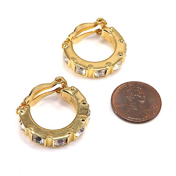 Swarovski Swan Logo Clip Earrings Gold Plated Square Crystal Rhinestone Vintage - Picture 2 of 10